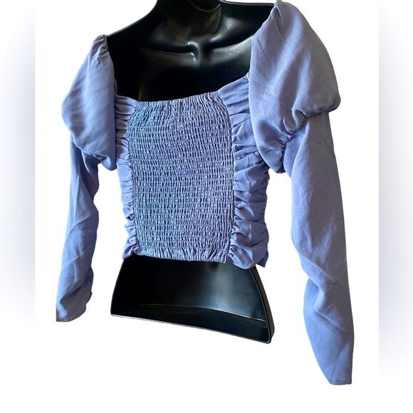 Trendy blue smocked ruched, puff sleeve crop top by Wayf. Retail $118 NWT XS, XL - Picture 6 of 6